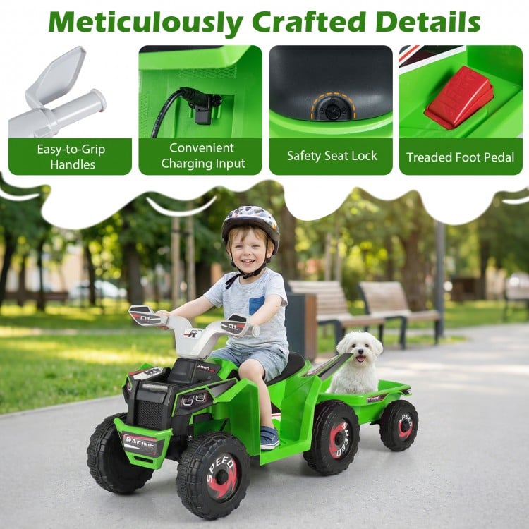 Kids electric ATV quad car in green with detachable trailer, featuring easy-to-grip handles and treaded foot pedal.