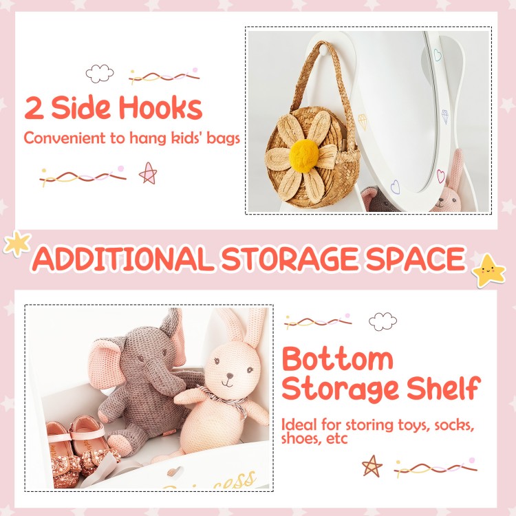 Kids full-length mirror with a rotatable design, featuring a bottom storage shelf and two side hooks for organization.