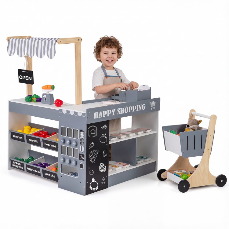 Kids grocery store playset in gray with shopping cart, checkout counter, and interactive accessories for imaginative.