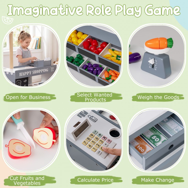 Kids grocery store playset with shopping cart, scanner, and accessories for imaginative role play and creative learning.