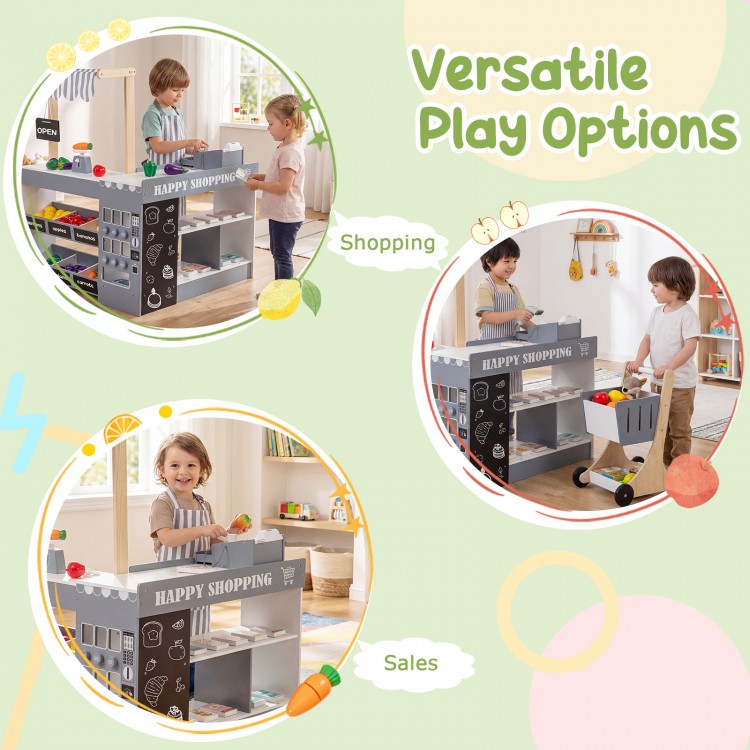 Kids grocery store playset in gray with shopping cart, featuring checkout counter and interactive accessories for.