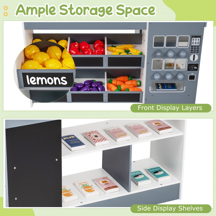 Front display layers of the kids grocery store playset with colorful accessories for imaginative role play and.