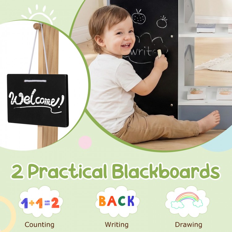Kids grocery store playset with shopping cart, 2 blackboards for counting and drawing, and realistic cashier features.
