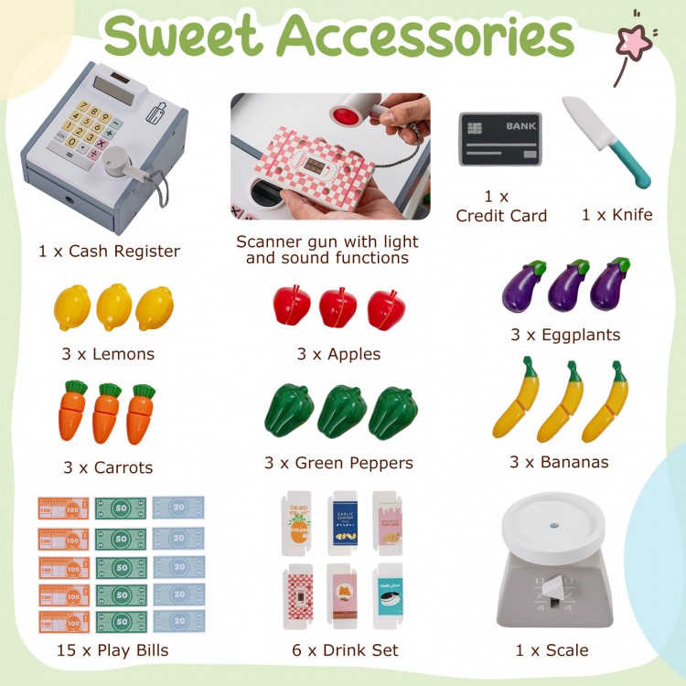 Kids grocery store playset with cash register, scanner, and various sweet accessories for imaginative role play.