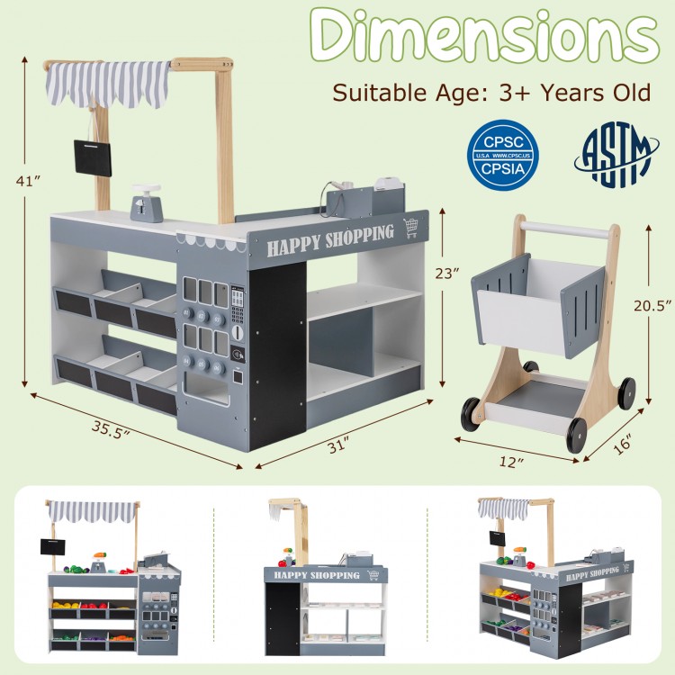 Dimensions of the kids grocery store playset with shopping cart, showcasing height, width, and depth for ideal.