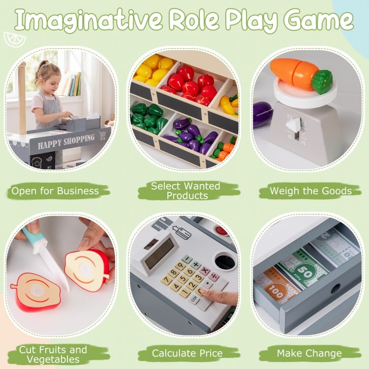 Kids grocery store playset with shopping cart, checkout counter, and accessories for imaginative role play and.