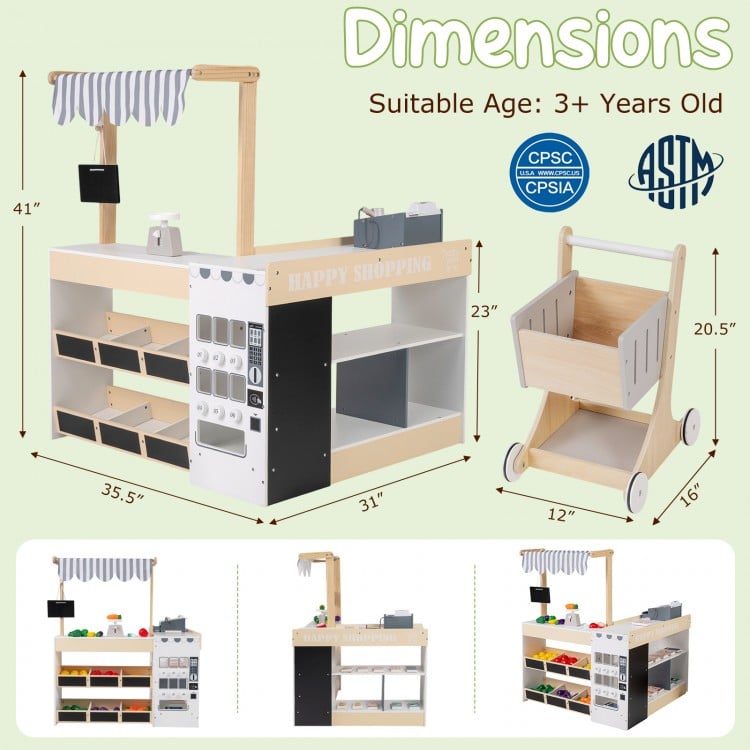 Kids grocery store playset with shopping cart, checkout counter, and accessories for imaginative pretend play.
