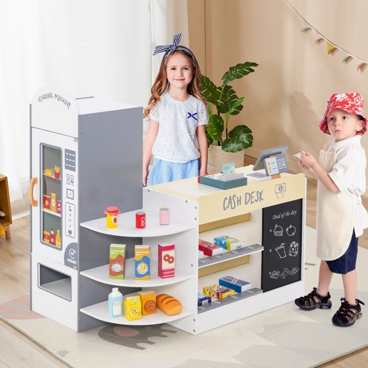Kids grocery store playset with cash register, POS machine, and 13 toy food items for imaginative role play.