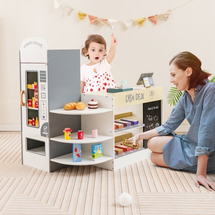 Kids grocery store playset with cash register, featuring shelves, vending machine, and toy food for imaginative role.