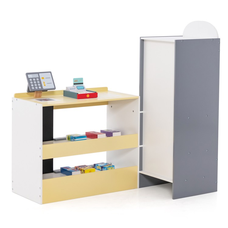 Kids grocery store playset with cash register, three shelves, and 13 toy food items for imaginative role play.