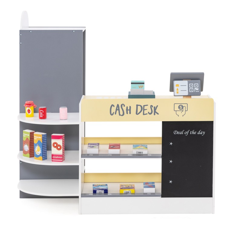 Kids grocery store playset with cash register, shelves, and toy food for imaginative role play and skill development.