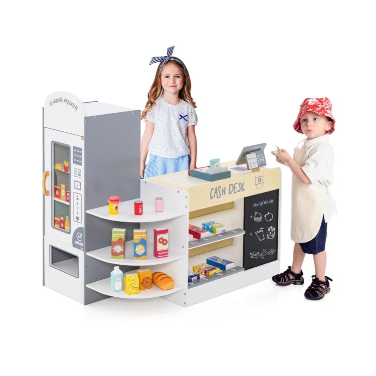 Kids grocery store playset with cash register, shelves, and 13 toy food items for imaginative role play and social.