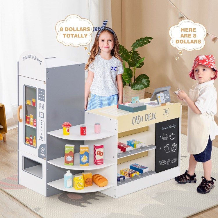 Kids grocery store playset with cash register, vending machine, and 13 toy foods for imaginative role play.