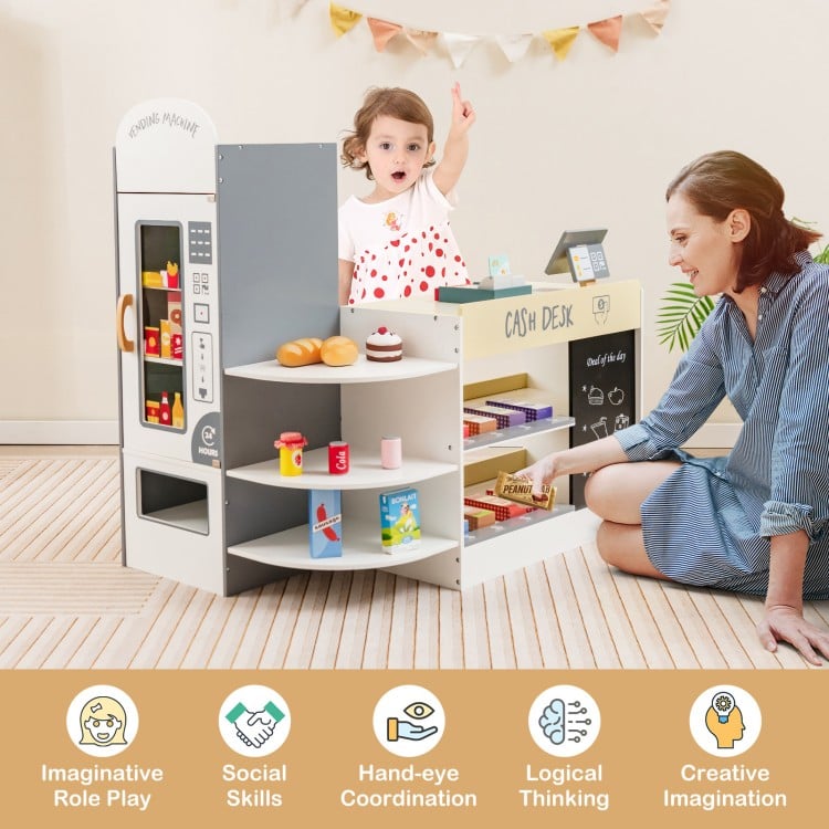 Kids grocery store playset with cash register and vending machine, featuring 13 toy foods for imaginative role play.