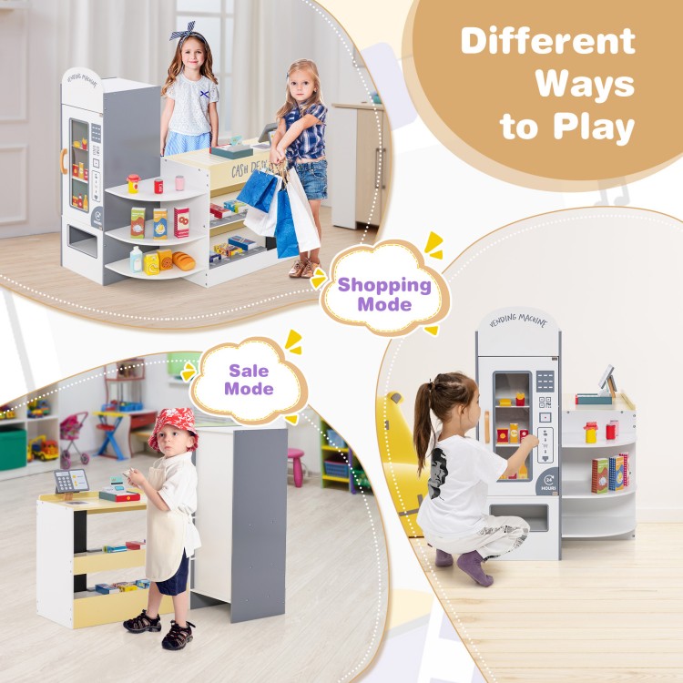 Kids grocery store playset with cash register, featuring shelves, toy food, and a chalkboard for imaginative role play.