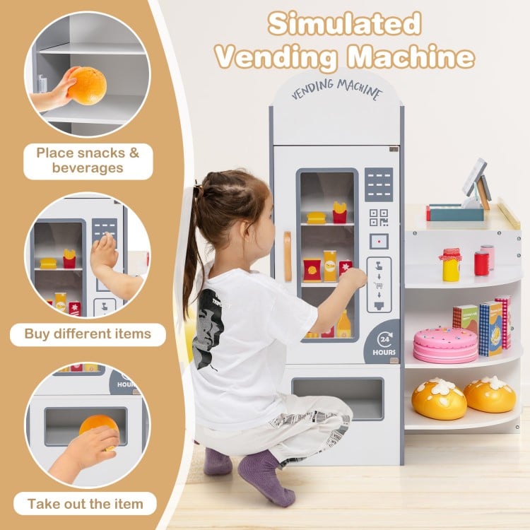 Kids grocery store playset with vending machine, cash register, and 13 toy food items for imaginative role play.