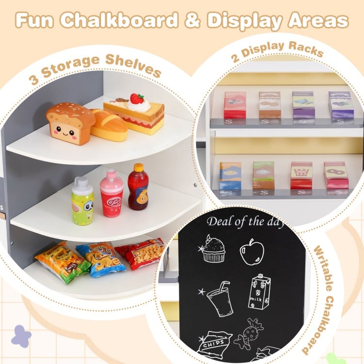 Kids grocery store playset featuring 3 storage shelves, 2 display racks, and a writable chalkboard for imaginative play.