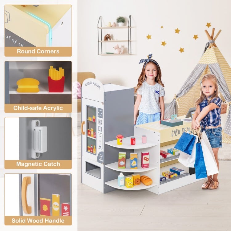 Kids grocery store playset with cash register, featuring 13 toy foods, round corners, and child-safe acrylic design.