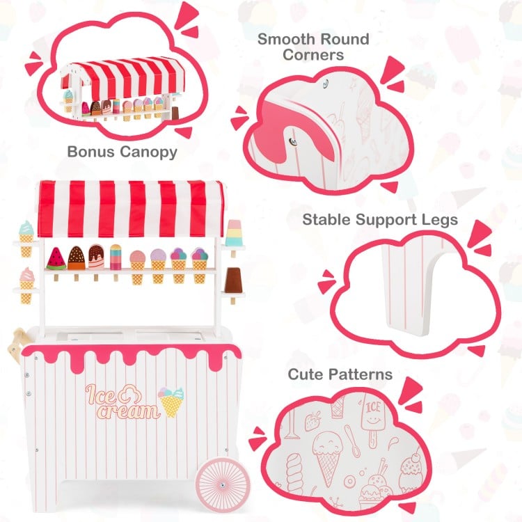 Kids ice cream cart playset with display rack, red canopy, and 12 accessories for imaginative play in any room.