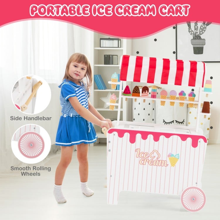 Kids ice cream cart playset in red with accessories, featuring a display rack, large wheels, and a sunproof canopy.