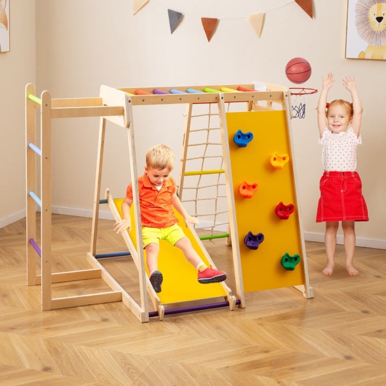 Kids Indoor Playground 6-in-1 Jungle Gym with slide and climbing wall, designed for active play and safety for ages.