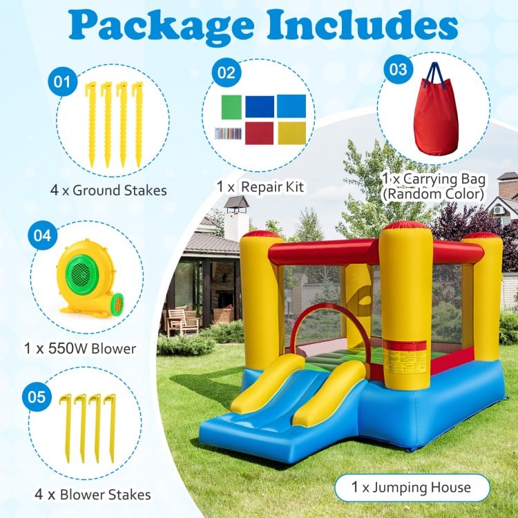Kids inflatable bounce house with slide, made of PVC-coated Oxford, includes 550W blower and safety fence for outdoor.
