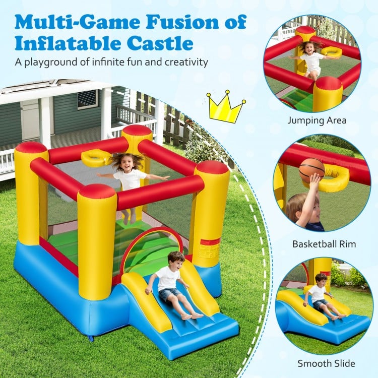 Kids inflatable bounce house with slide, made of puncture-resistant PVC-coated Oxford, perfect for outdoor fun.