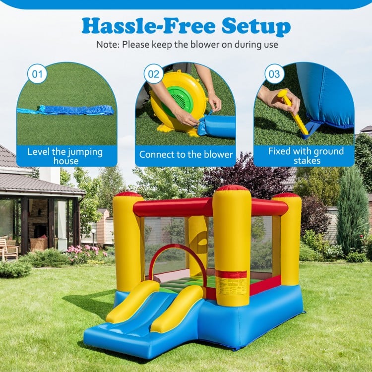 Inflatable bounce house with slide showing hassle-free setup steps, including blower connection and ground stake.