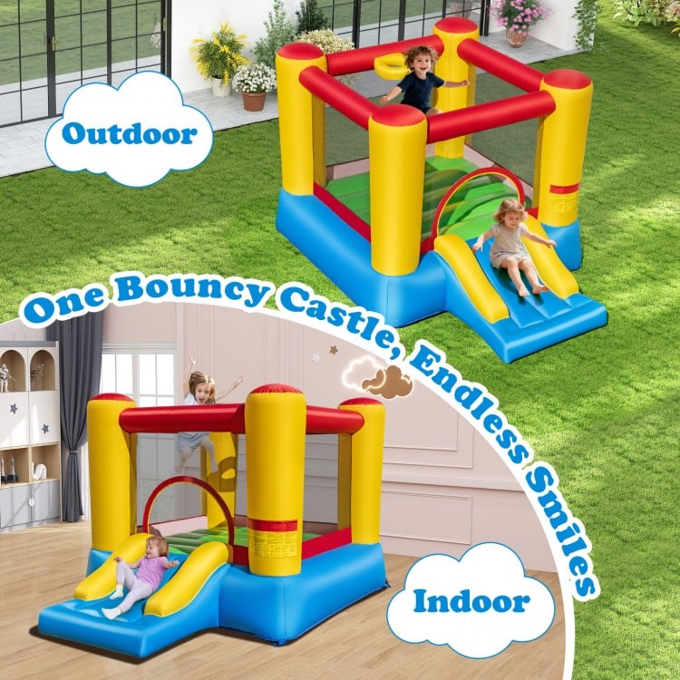 Kids inflatable bounce house with slide, featuring bright colors and safety net, ideal for indoor and outdoor play.