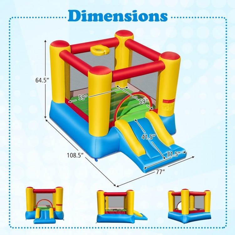 Kids inflatable bounce house with slide, featuring safety fence, dimensions 108.5" x 77" for indoor or outdoor fun.