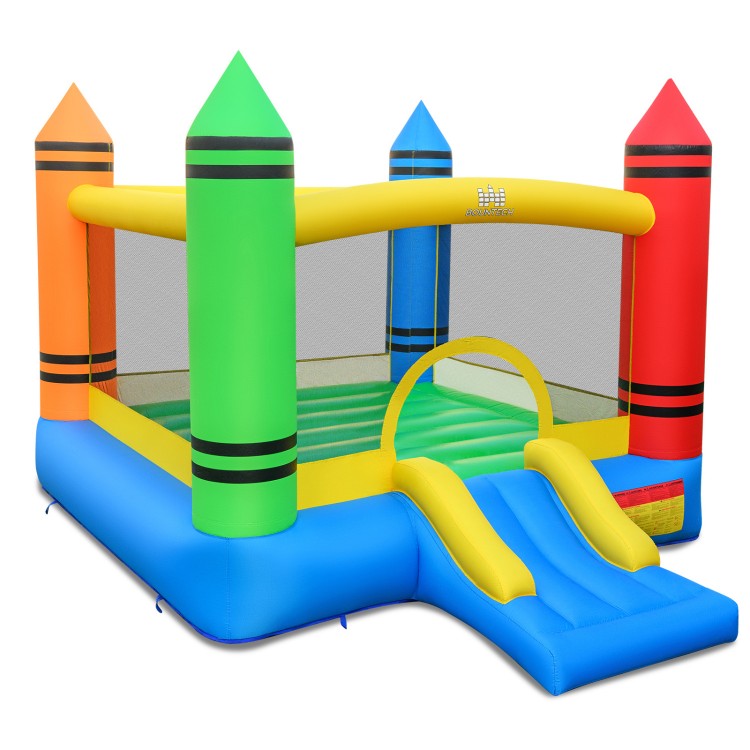 Colorful kids inflatable bounce house with slide, made of durable oxford cloth, perfect for outdoor fun and play.