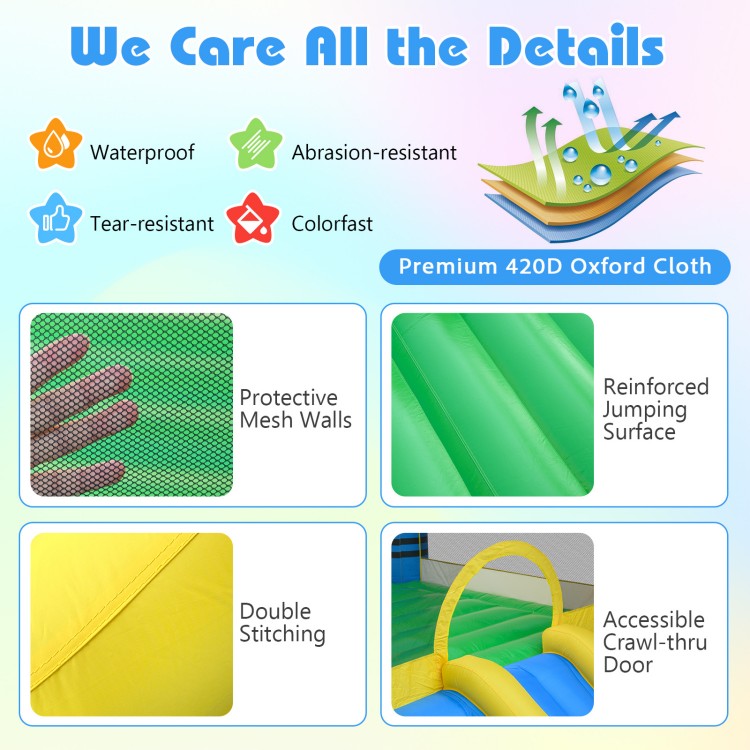 Protective mesh walls and reinforced jumping surface of the kids inflatable bounce house made from premium 420D oxford.