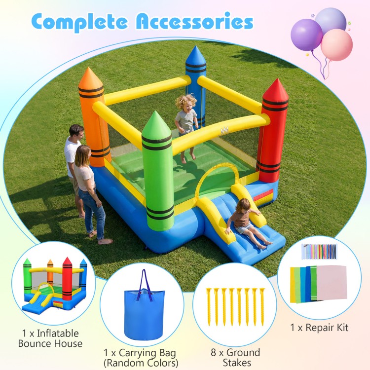 Kids inflatable bounce house with slide, made of durable oxford cloth, perfect for outdoor fun and safe play for three.