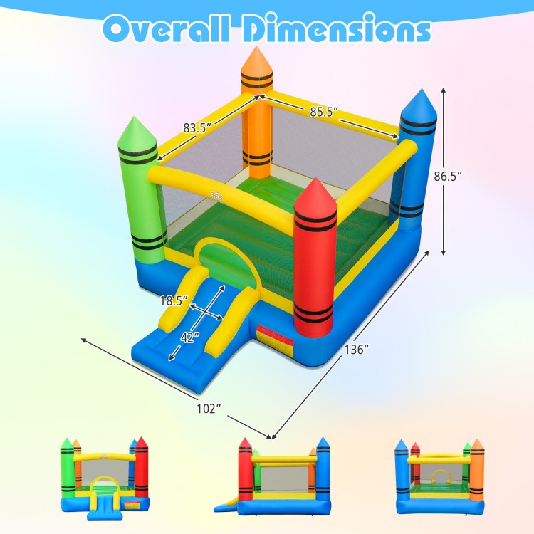 Kids inflatable bounce house with slide, made of durable oxford cloth, featuring colorful towers and safety mesh walls.