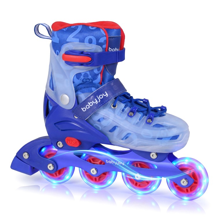 Kids inline skates in blue with light-up wheels, adjustable size, and breathable mesh lining for beginners ages 9-14.