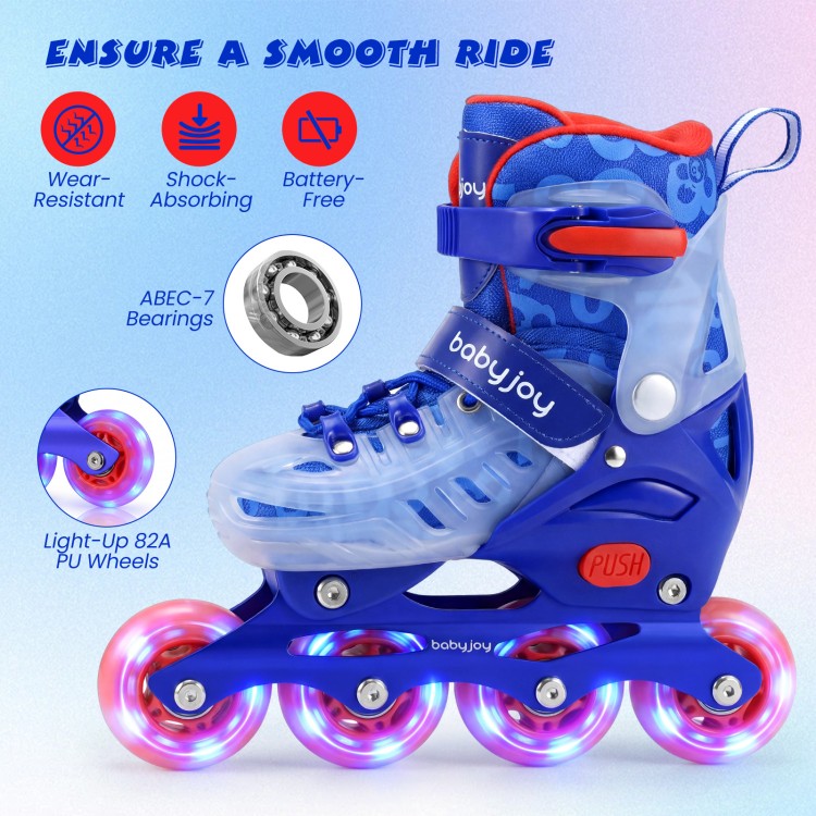 Kids inline skates in blue with light-up wheels, adjustable size, and breathable mesh for smooth, fun skating.