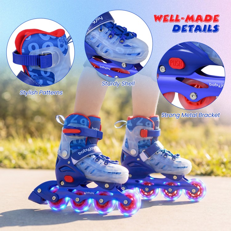 Kids inline skates in blue with light-up wheels, adjustable size, and breathable mesh for fun and secure skating.