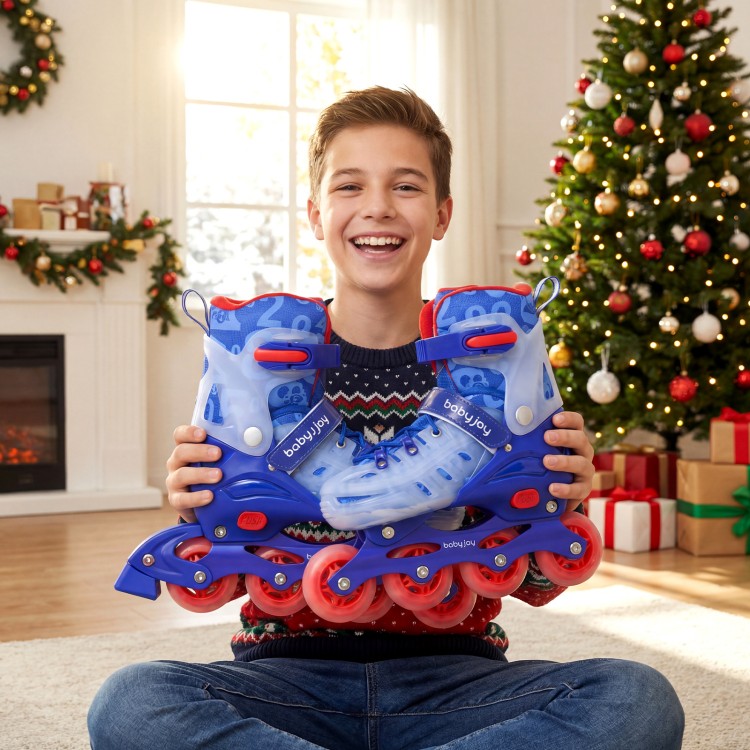 Kids inline skates in blue with light-up wheels, featuring adjustable size and breathable mesh lining for ages 9-14.