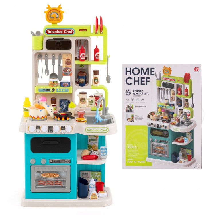 Kids kitchen playset in blue with a realistic clock, fridge, and storage shelves, perfect for organizing pretend.
