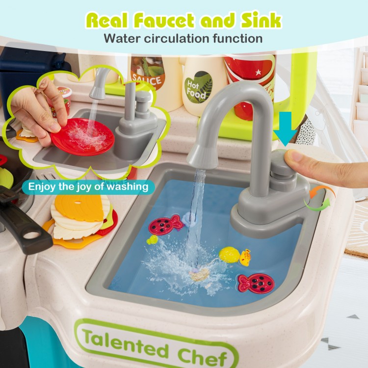 Kids kitchen playset with realistic faucet and sink, featuring water circulation for immersive pretend play.