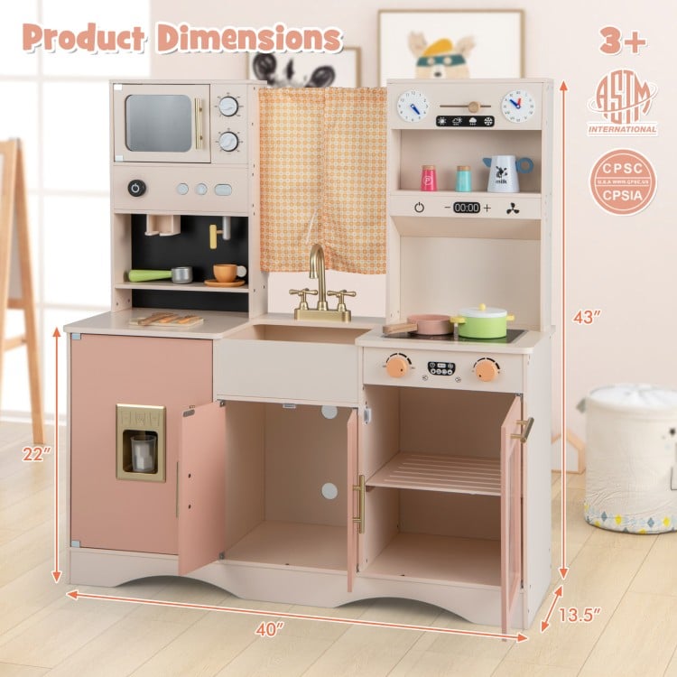 Kids kitchen playset in pink featuring a microwave, coffee maker, and double stoves for imaginative cooking fun.