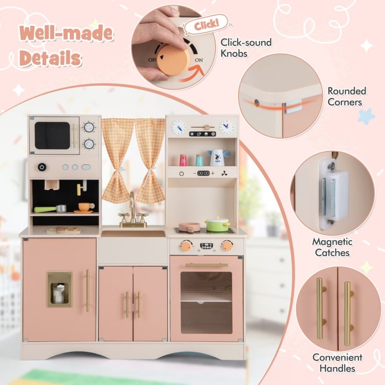 Kids kitchen playset in pink featuring a microwave, coffee maker, and rounded corners for safe play. Ideal for ages 3+.
