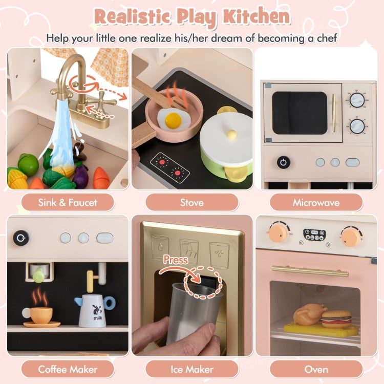 Kids kitchen playset featuring a pink microwave, coffee maker, and double stove for imaginative cooking fun.