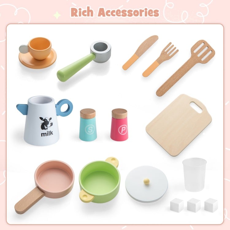 Colorful wooden kitchen accessories including cups, utensils, and containers for imaginative play in kids' kitchen sets.