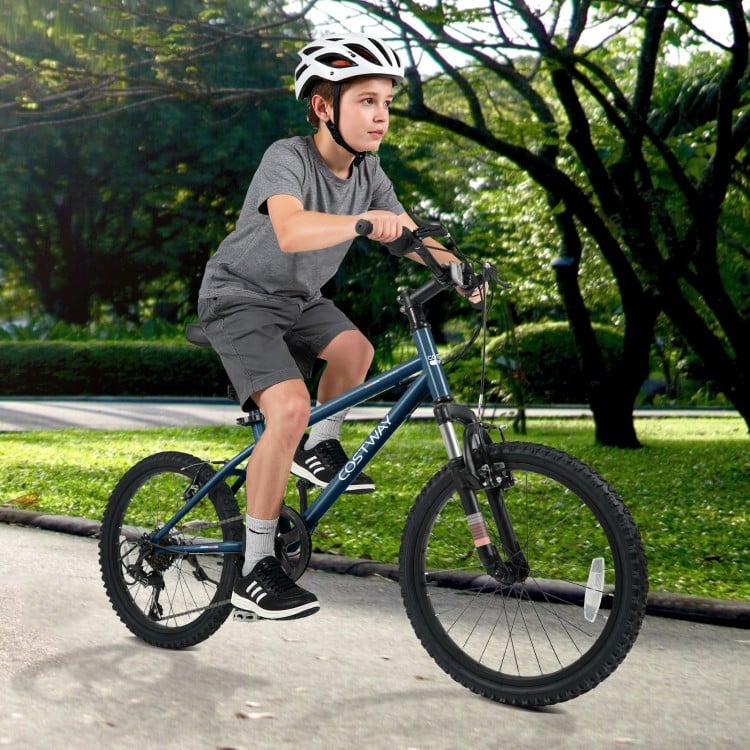 Kids mountain bike with 20-inch wheels, adjustable saddle, and dual V-brakes, perfect for outdoor adventures.