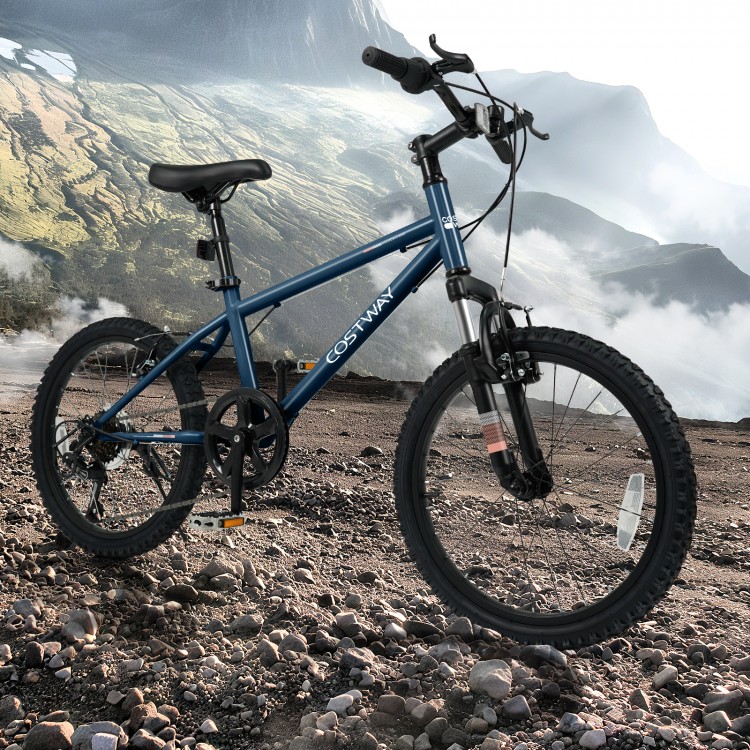 Kids mountain bike in navy blue with 20-inch wheels, adjustable saddle, and suspension fork for smooth rides on various.