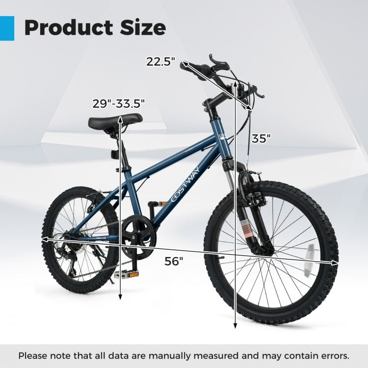 Product size chart for Kids Mountain Bike 20 Inch, showing dimensions for adjustable saddle and handlebar height.