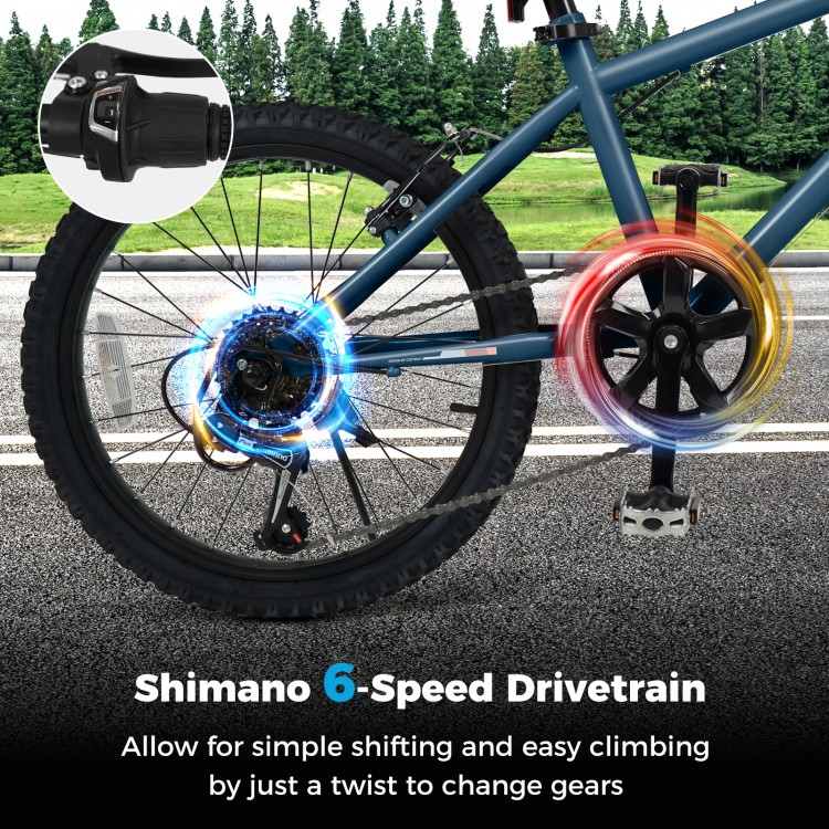 Shimano 6-speed drivetrain on a kids mountain bike, allowing easy gear changes for various terrains and smoother rides.