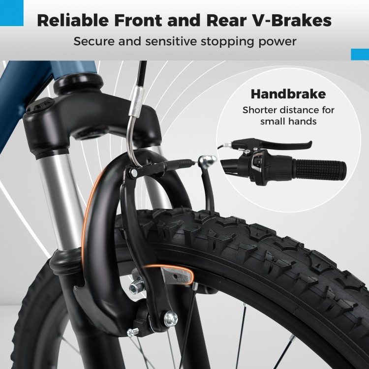 Close-up of the dual V-brakes on the Kids Mountain Bike, featuring a handbrake for easy stopping and safety.