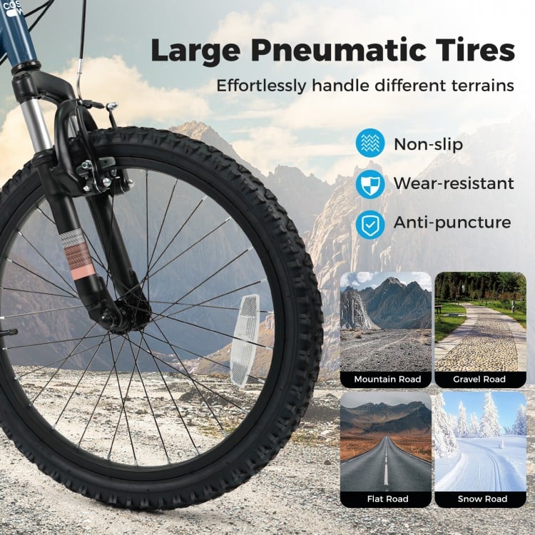 Large pneumatic tire of the Kids Mountain Bike, non-slip and wear-resistant, designed for various terrains and safety.